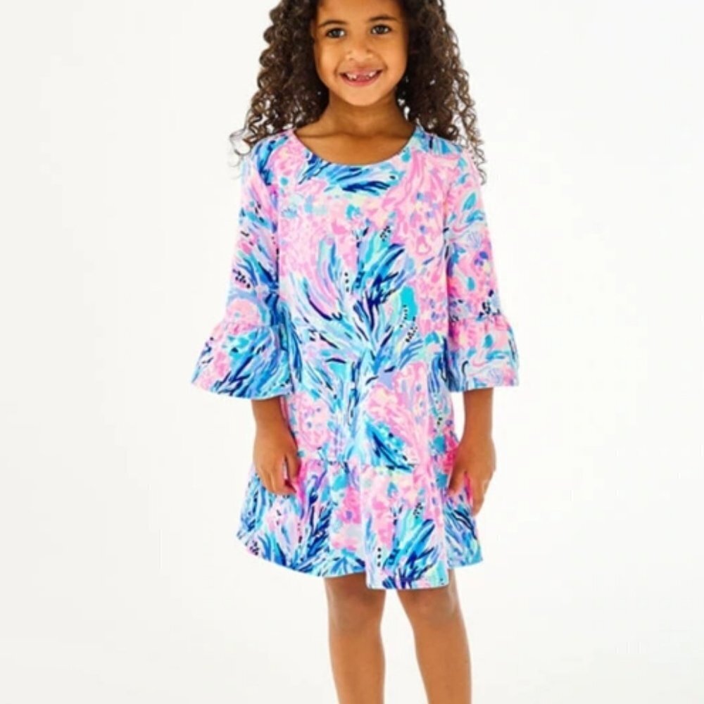 Lilly Pulitzer Girls Sorrento Dress in Periwinkle Purple Fan Sea Pants size XL